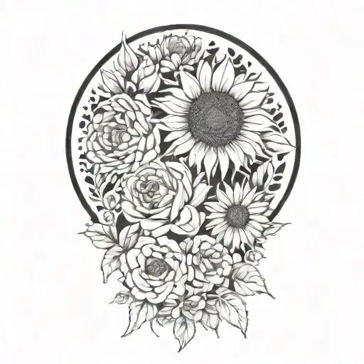 large sunflower surrounded by roses and chrysanthemums flower tattoo design idea
