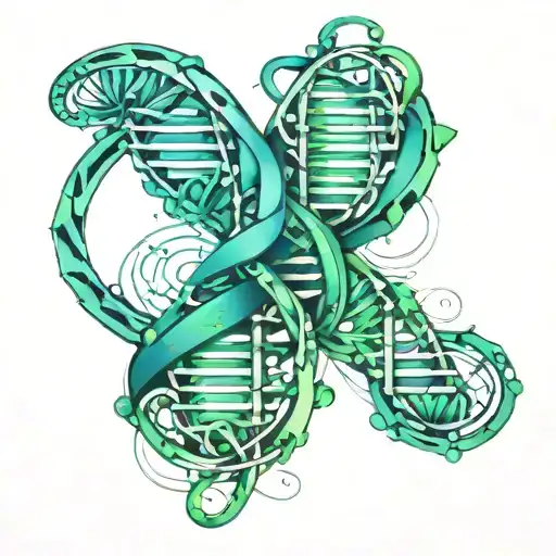 Create a tattoo design featuring a highly detailed, 3D DNA helix in a blue-green gradient, reminiscent of the Gemini lan tattoo design idea