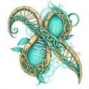 Create a tattoo design featuring a highly detailed, 3D DNA helix in a blue-green gradient, reminiscent of the Gemini lan tattoo design idea