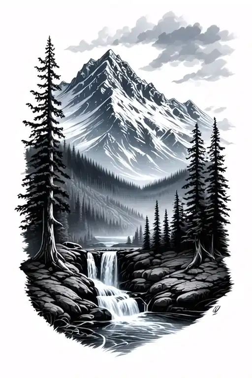 Mountain and waterfall forest  tattoo design idea