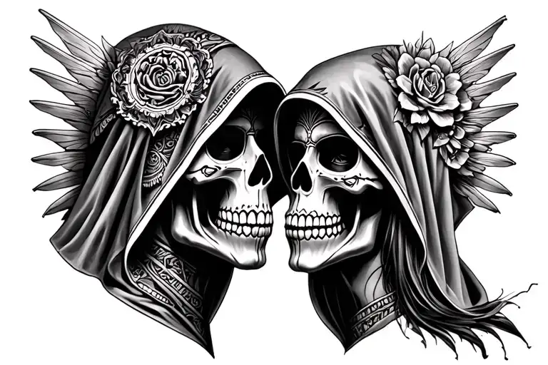 sugar skull grim reaper, in hood, with sithe kissing aztec godess full tattoo design idea