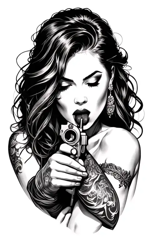 seductive female licking a gun tattoo design idea