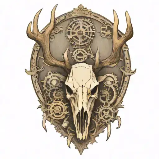 bull elk skull with antlers, tattered MS ribbon wrapped around antlers, mechanical gears tattoo design idea