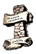 cobblestone cross with writing "the devil can scrap but the Lord has won" in old font on a scroll. tattoo design idea