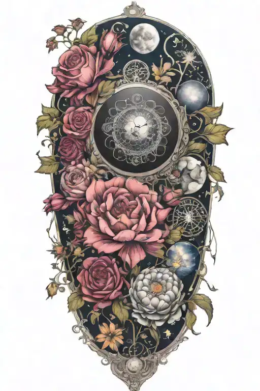 An intricate tattoo of a boquet of roses, daisys, and cosmos flowers intertwined with the three moon phases tattoo design idea
