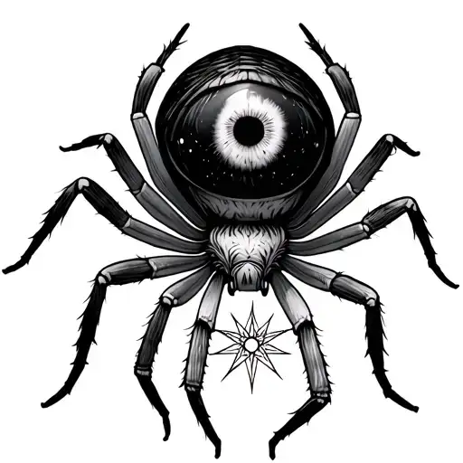 A spider with longer legs, with an eye on it's back in photorealism, with a star done in blackwork for a web design, det tattoo design idea