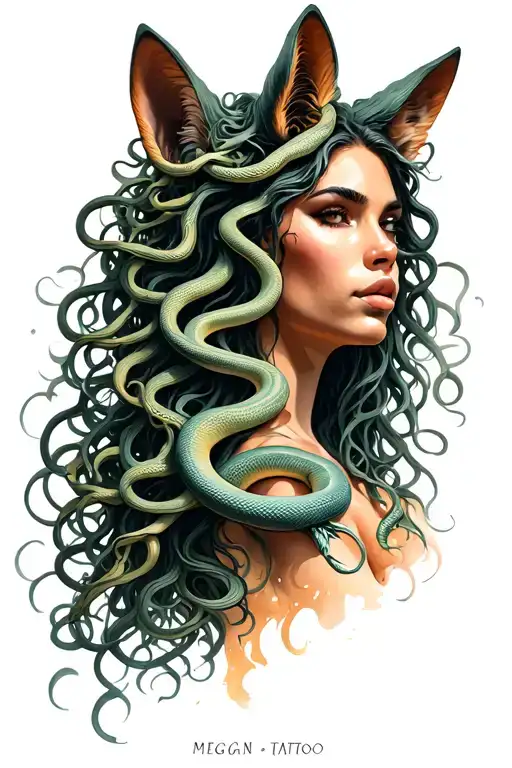medusa greek mytholog with snakes hair and megan fox face  tattoo design idea