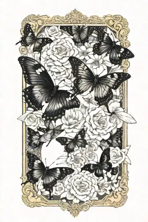 strength card tarot black queen butterflies flowers surround it tattoo design idea