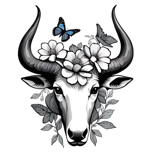 taurus symbol with flowers and butterflies tattoo design idea