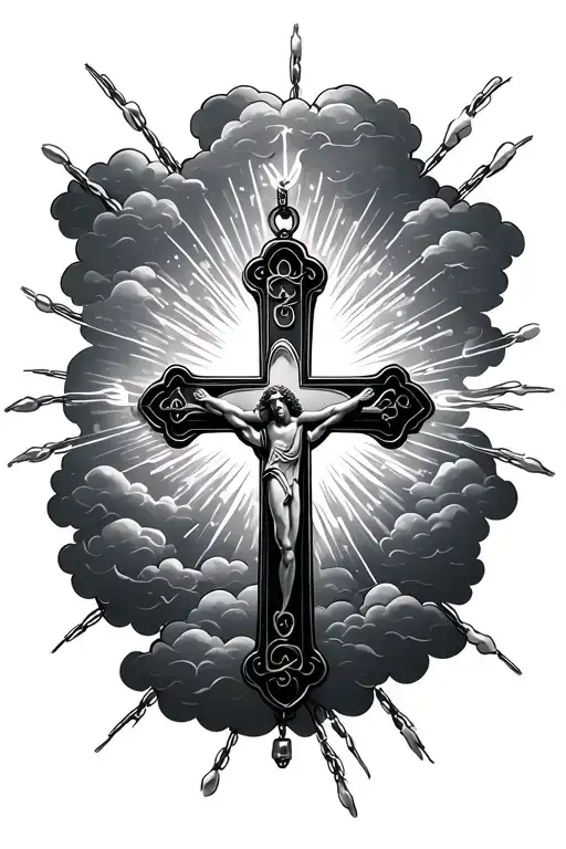 "Christian cross with clouds, sun glare, rosary wrapping around it, pendant with separate T and E inside." tattoo design idea