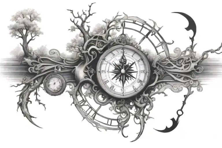 clock tree and compass surrounded tattoo design idea