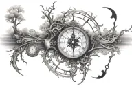 clock tree and compass surrounded tattoo design idea