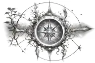 clock tree and compass surrounded tattoo design idea