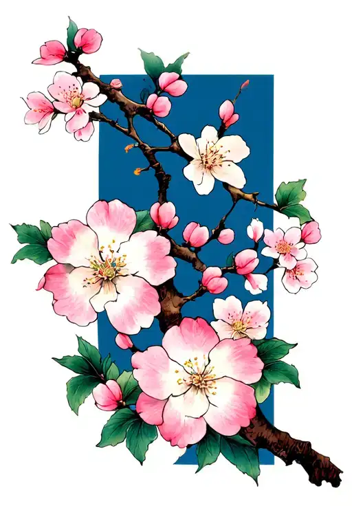 4 different blossoms: cherry blossom, apricot blossom, plum blossom, peach blossom all on one branch tattoo design idea