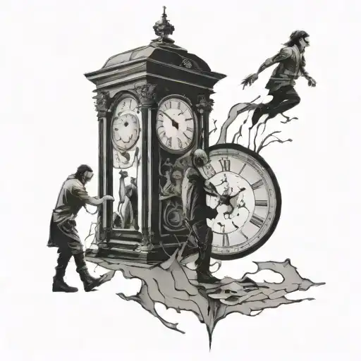broken clock with people walking tattoo design idea