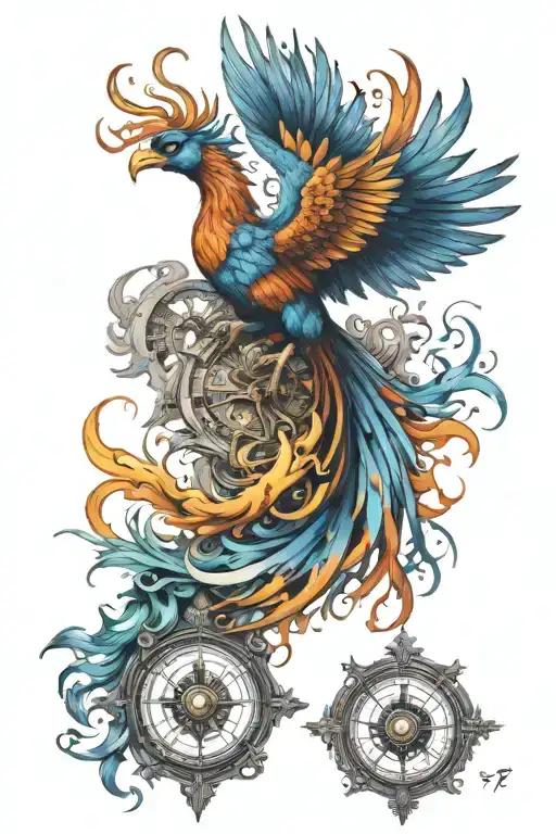 colorful Phoenix carrying compass tattoo design idea