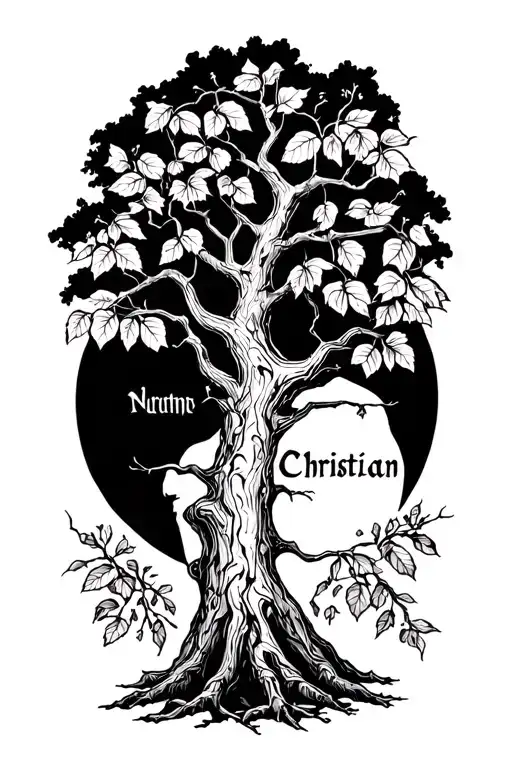sad tree with the name Christian on the branches and leaves tattoo design idea