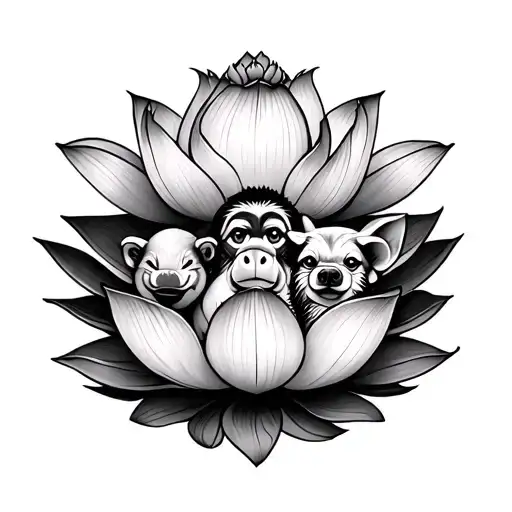 lotus flower surrounded by monkey pig dog Chinese zodiac sign tattoo design idea