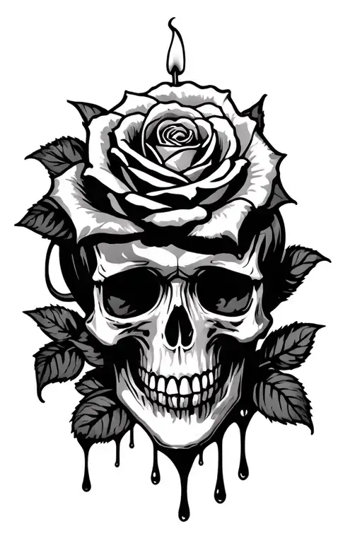 Skull, rose, dripping like a candle tattoo design idea