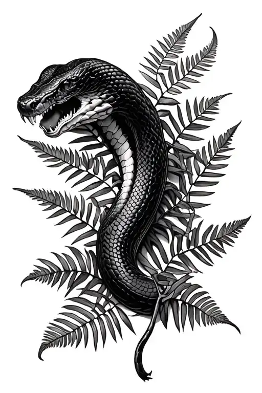fern leafs where a black snake is hiding to attack with its fangs tattoo design idea