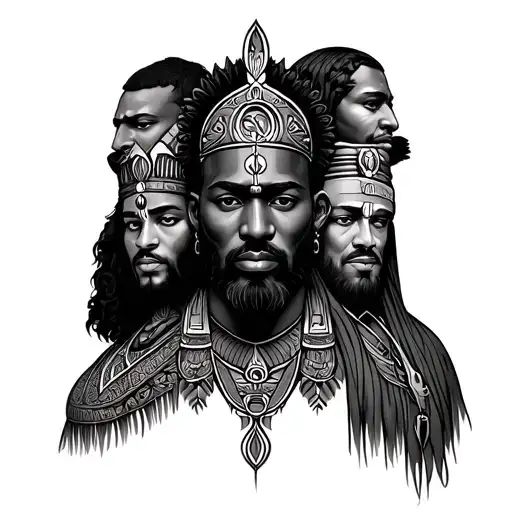 MAKE A DESIGN FOR A TATTOO where he represents 6 friends and his saints, Oshosi, Shango, Orunmila, Oya, Oshu and Guacaipuro tattoo design idea