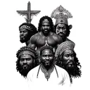 MAKE A DESIGN FOR A TATTOO where he represents 6 friends and his saints, Oshosi, Shango, Orunmila, Oya, Oshu and Guacaipuro tattoo design idea