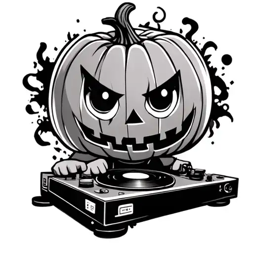 cute chibi dj with a pumpkin head mask and a turntable  tattoo design idea