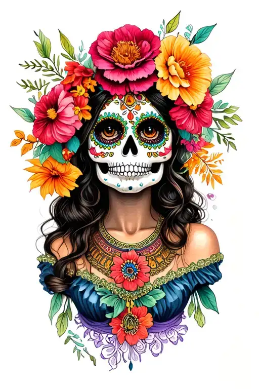 Catrina Mexican woman com Flores tattoo design idea