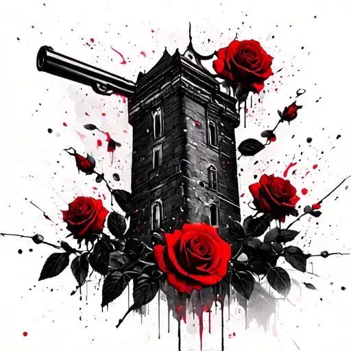 dark tower with red roses blooming. revolver surrounded tattoo design idea
