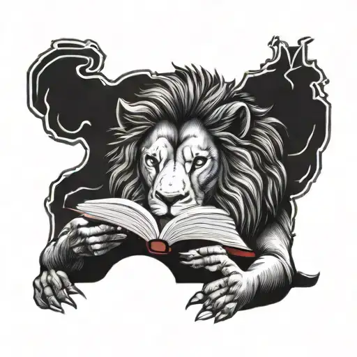 A blackwork tattoo of a majestic lion reading a book, symbolizing the client's passion for learning and nature tattoo design idea