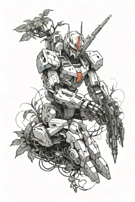  a robotic arm gundam style with plant vines overgrowth growing in it and around it making it look old   tattoo design idea