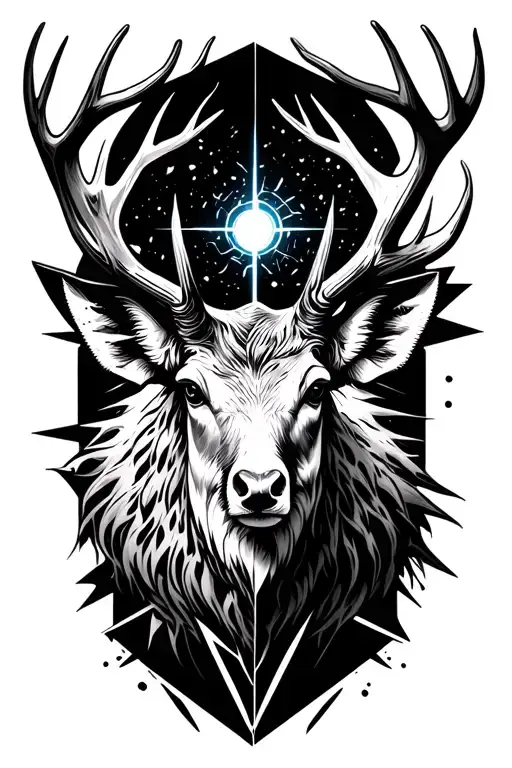 realist front-facing stag god , glowing chest crack, melancholy and hope, ocean and cosmos elements, geometrical shapes  tattoo design idea