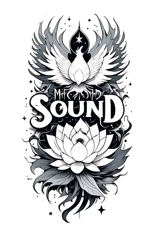 "Sound Mind" lotus flower phoenix stars wind tattoo design idea