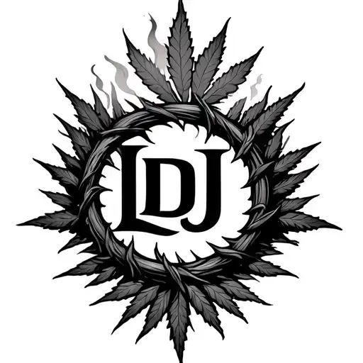 "LDJ" ring of thorns, fire and smoke, with a hemp leaf tattoo design idea