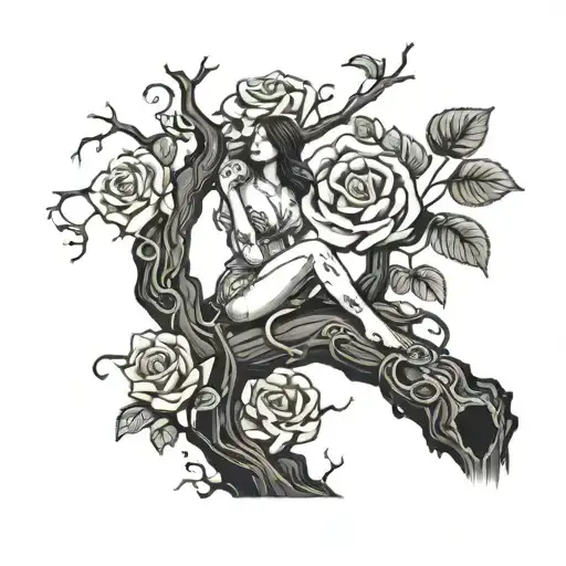 tree trunk with roses and vines and a woman sitting on a tree branch with a snake going up the branch scene  tattoo design idea
