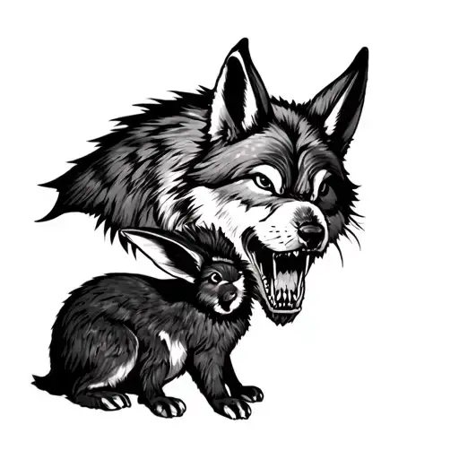 Snarling Wolf protecting a Rabbit tattoo design idea