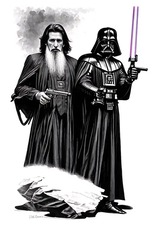 Al Pacino as Scarface wird his Gun, Darth Vader with his lightsabe, professor Snape and Gandalf from Lord of the Rings   tattoo design idea