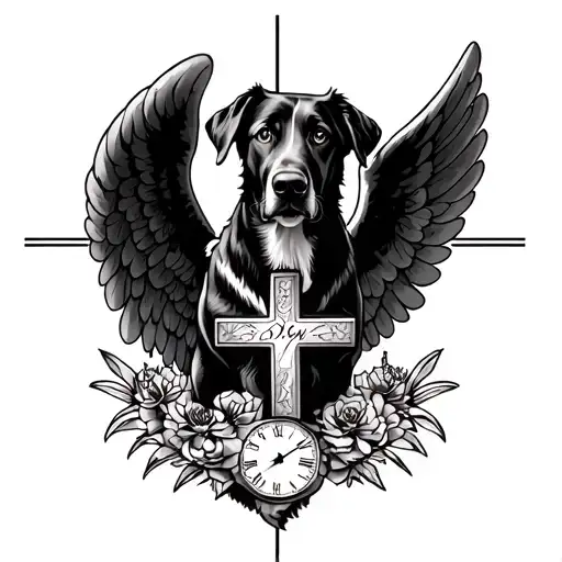 dog memorial tattoo with cross, angel wings and time: 23.44 tattoo design idea