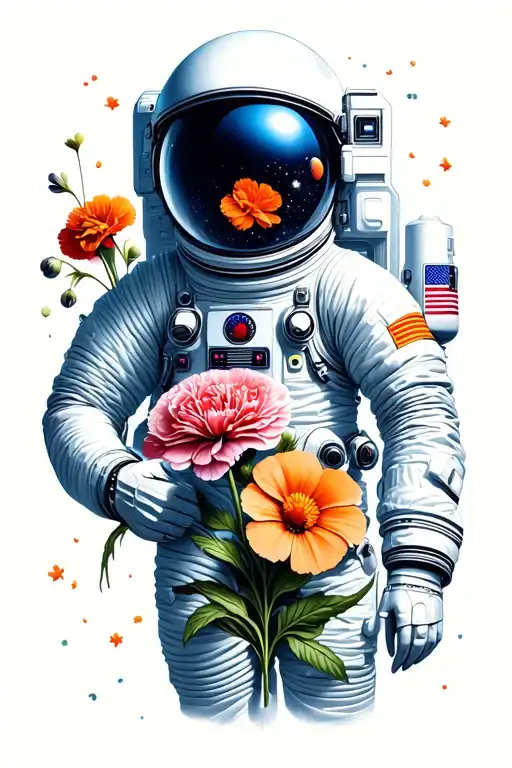 astronaut holding a carnation flower, morning glory flower, and cosmos flower tattoo design idea