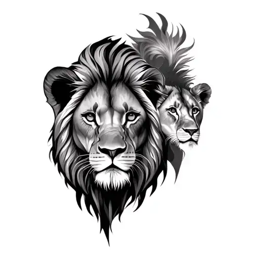 Create a fine line tattoo of a male lion face female lion face and a lion cub face cascading down with the male lion at  tattoo design idea