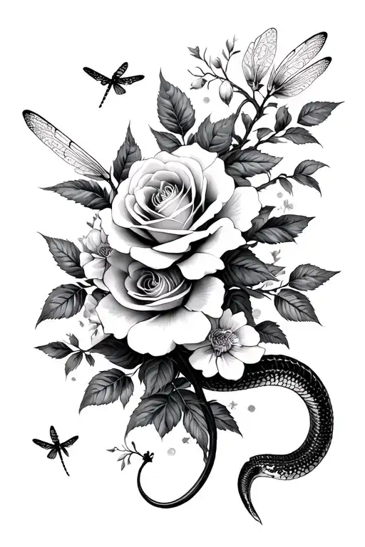 full leg roses, Japanese cherry blossom, snake, dragonflies, chameleon, flowers tattoo design idea