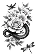 full leg roses, Japanese cherry blossom, snake, dragonflies, chameleon, flowers tattoo design idea