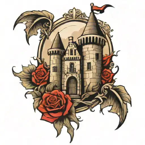 castle and gravestone tattoo design idea