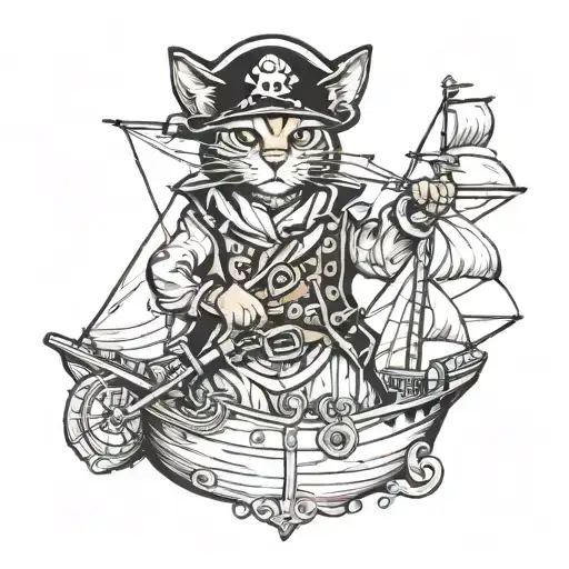 Abyssinian cat sailing ship as a pirate captain tattoo design idea
