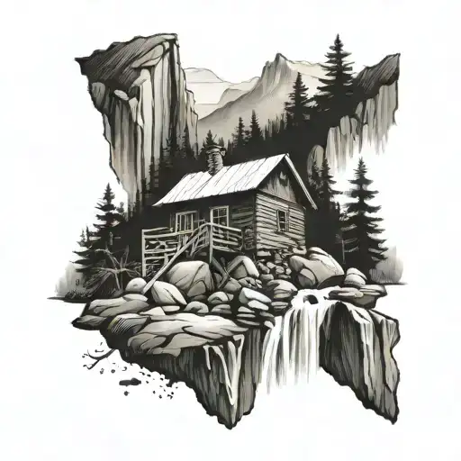 West Virginia Mountain scene with waterfall and cabin black and white  tattoo design idea