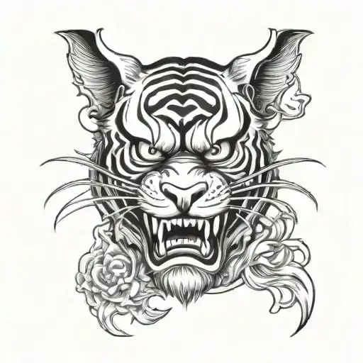 half tiger face half hannya face with closed mouth both tattoo design idea
