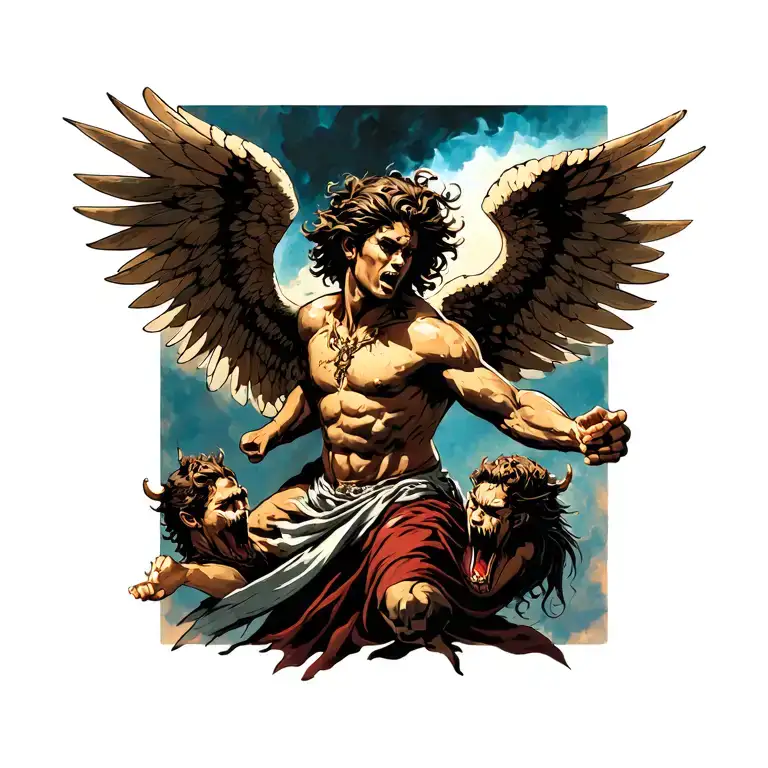 angel fighting away demons they know tattoo design idea