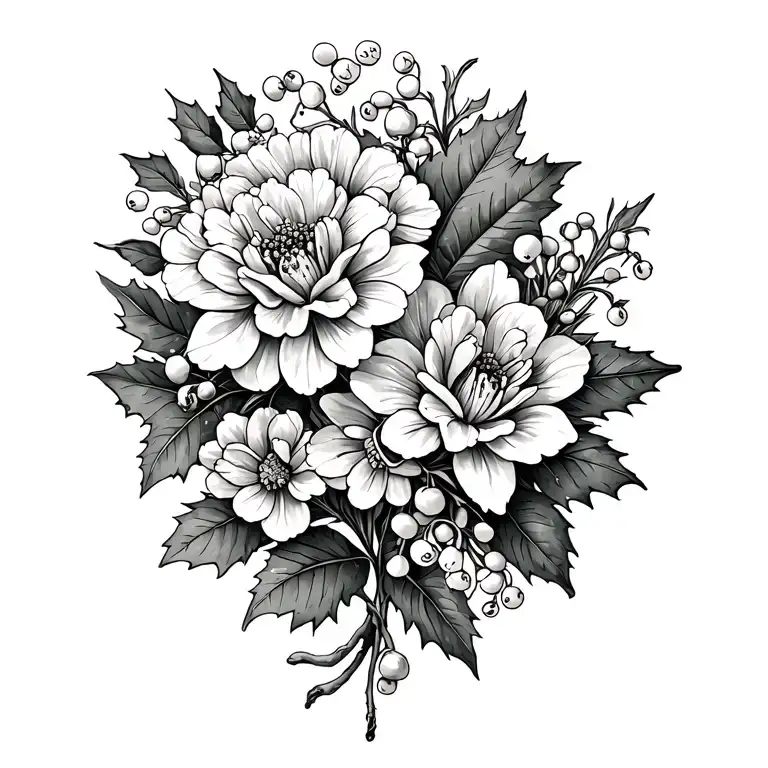 hydrangeas, marigolds, lily of the valley, daffodils, holly leaves, and ash leaves tattoo design idea