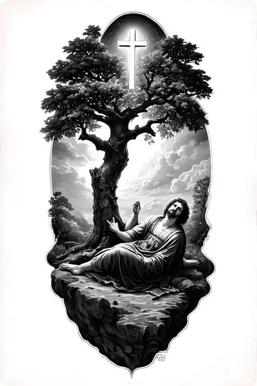 allegory of the cave, saint Augustine laying under the fig tree, proverbs 3:5, crosses ascending to heaven, Kierkegaard tattoo design idea