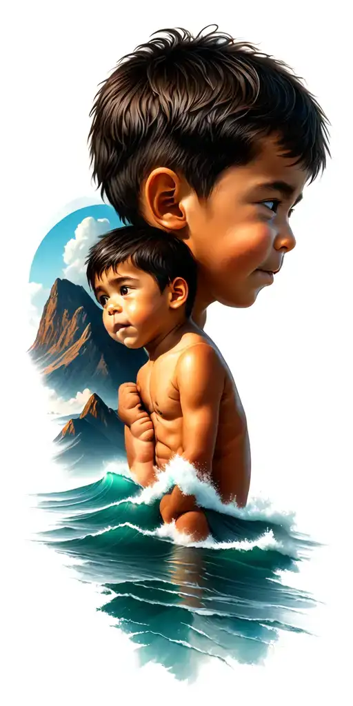 mountains ocean two boy children tattoo design idea